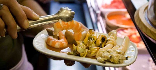 A plate of seafood tapas at Quimet i Quimet, Barri Goti